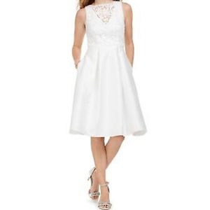 Adrianna Papell Ivory Illusion Giupure Mikado Pleated Dress 8